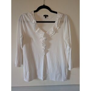 Talbots White Ruffle Neck Top Medium 90s Poet Classic Coquette Corporate Chic